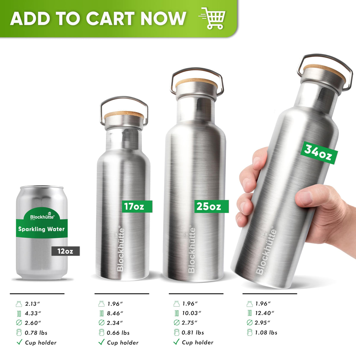 Blockhütte bottle with ice water emphasizes cold drinks lasting hours.