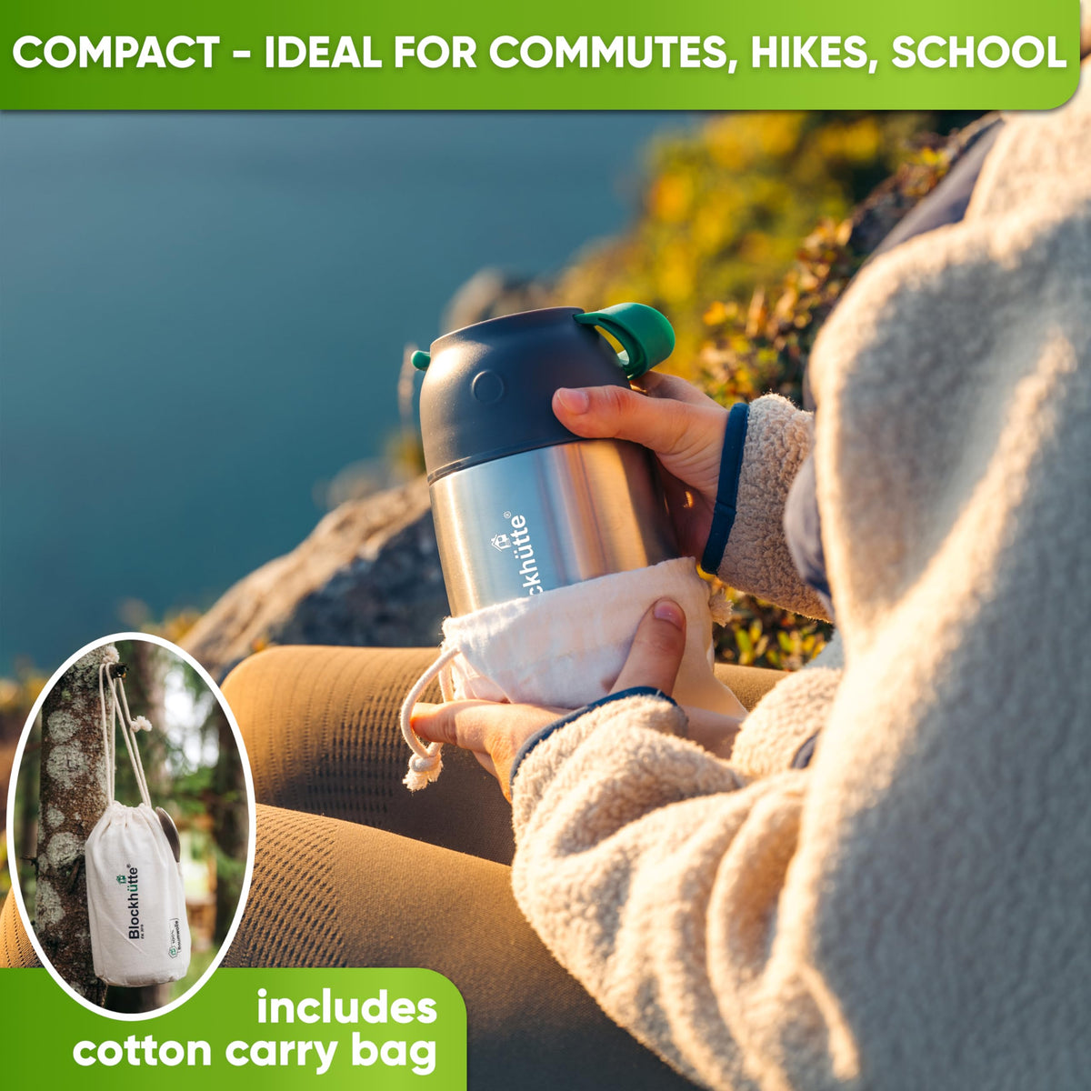 Blockhütte insulated lunch container preserves warmth or coolness.