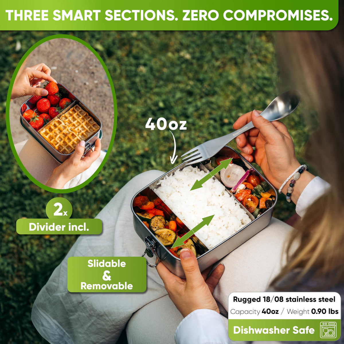 Blockhütte stainless steel lunch box with 3 compartments keeps foods organized.