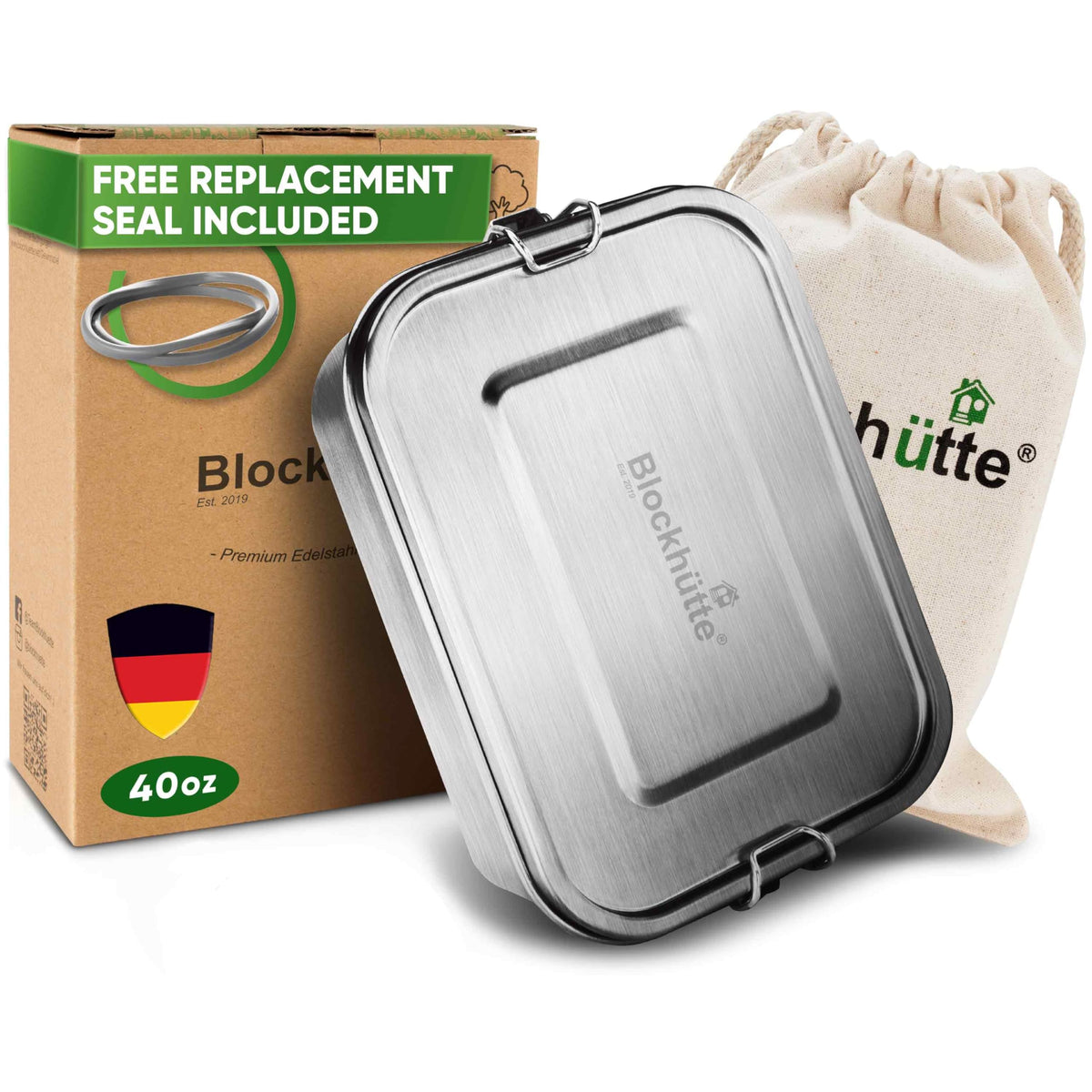 Blockhütte stainless steel lunch box 40oz ready for daily meals on the go.