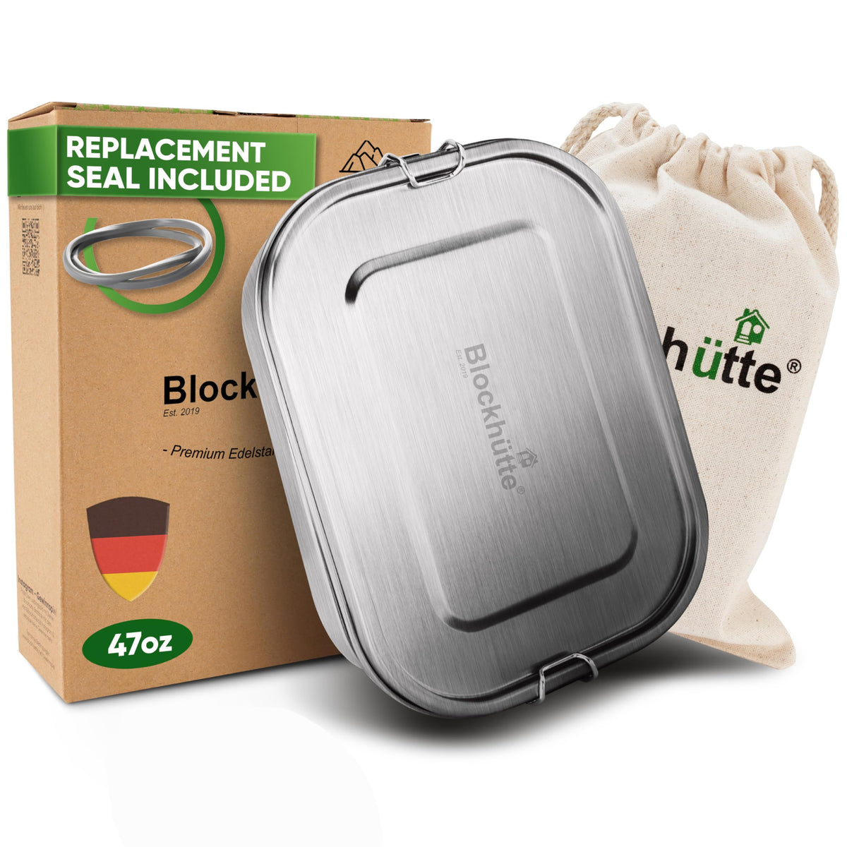 Blockhütte stainless steel lunch box, 47oz, ideal for all-day work meals.