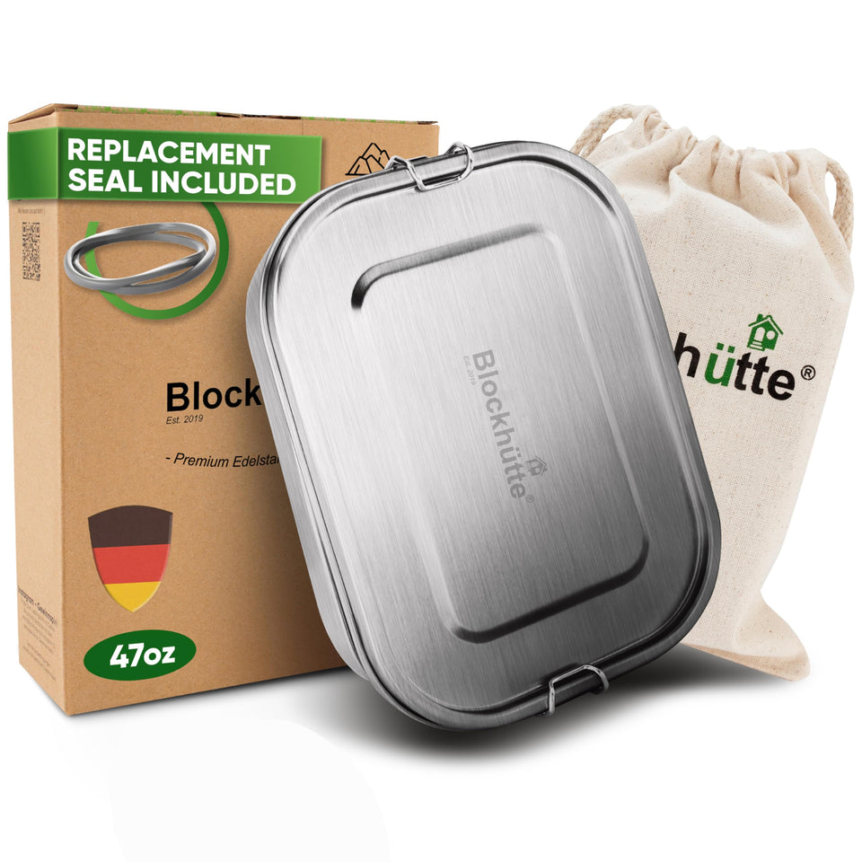 Blockhütte stainless steel lunch box, 47oz, ideal for all-day work meals.