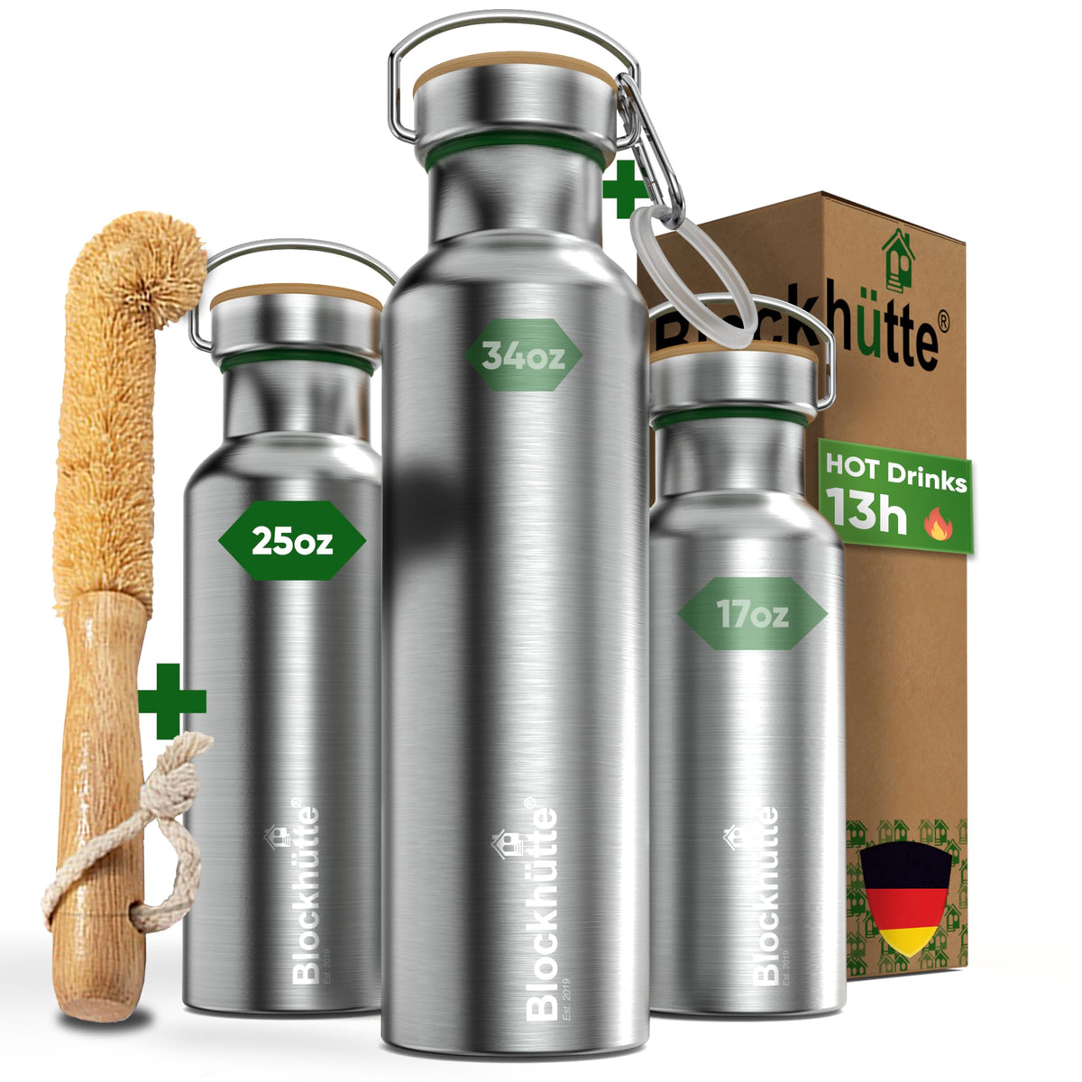 Blockhütte vacuum insulated bottle with wide mouth shown for easy filling and pouring