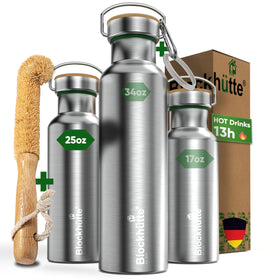 Blockhütte vacuum insulated bottle with wide mouth shown for easy filling and pouring
