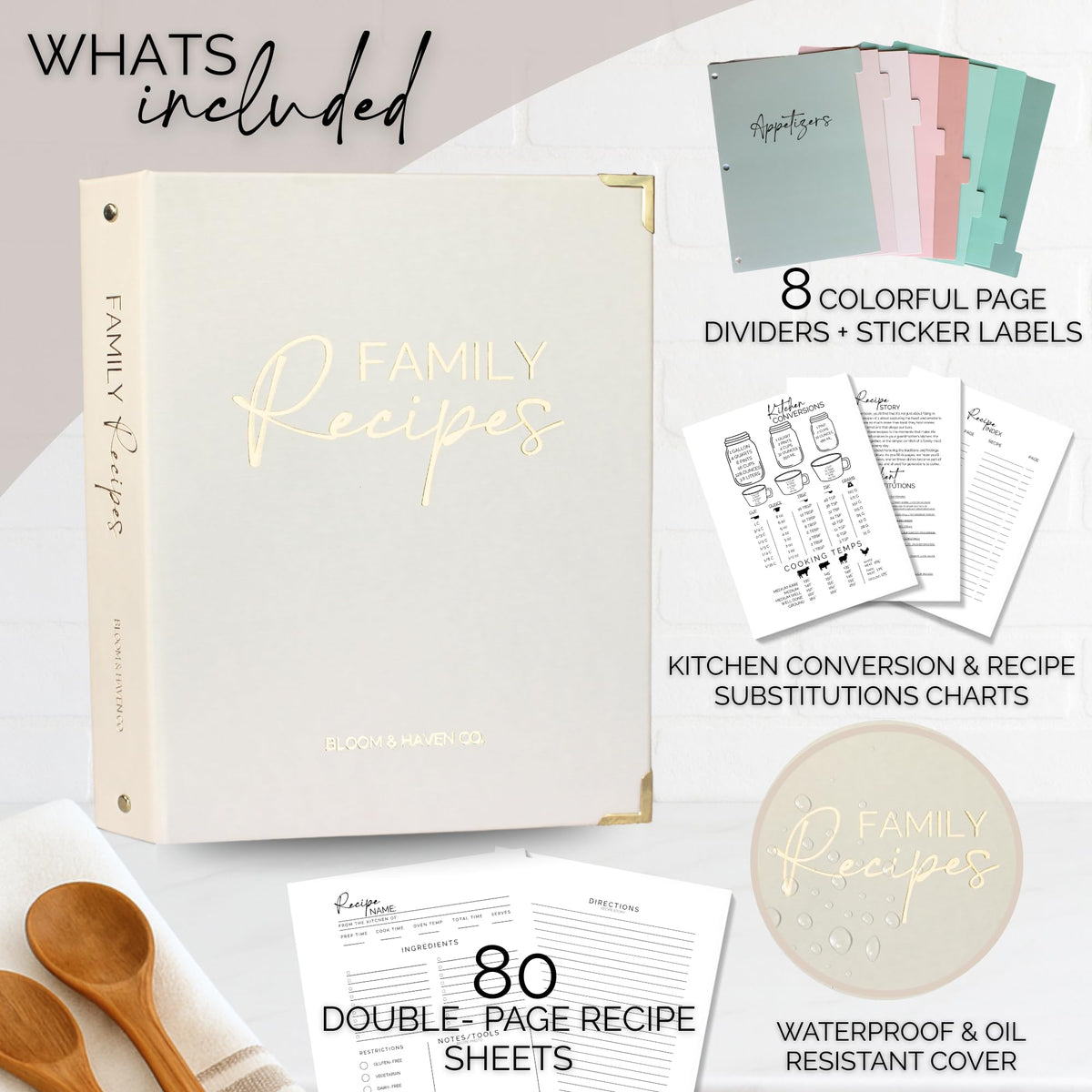 Bloom & Haven recipe book includes kitchen conversion chart for quick measurements.