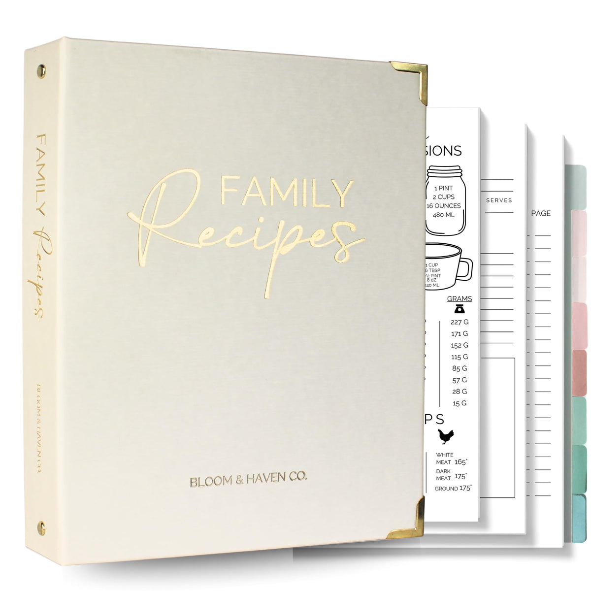 Bloom & Haven Recipe Book with waterproof cover protects family recipes.