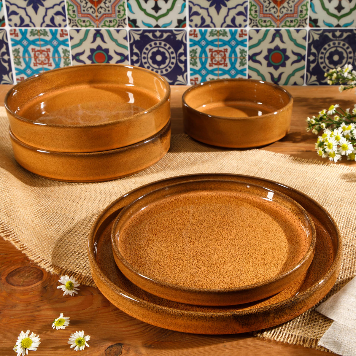Bloomhouse Santorini Mist amber dining set arranged for four guests