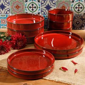 bloomhouse Santorini Mist dining setup with garnet red dinnerware