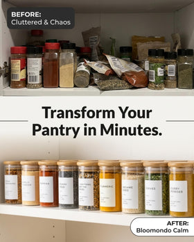 Airtight Bloomondo glass spice jars keep herbs fresh on the rack.