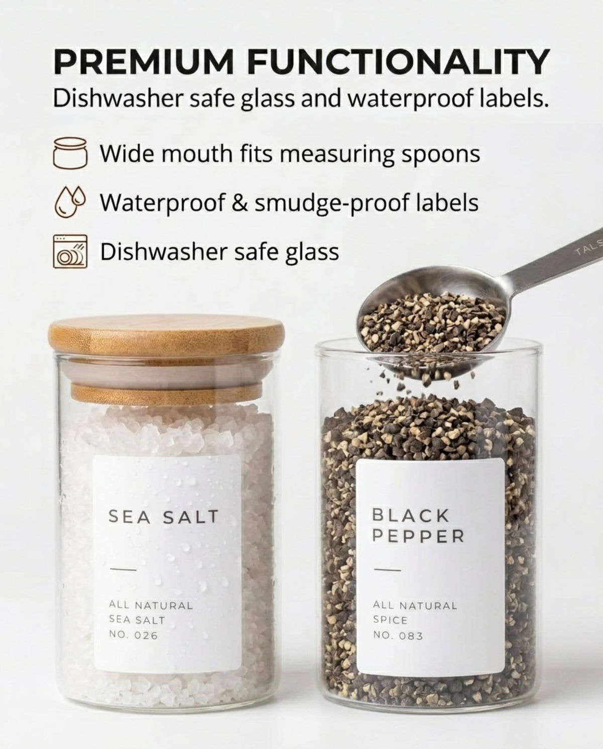 Bloomondo jars with bamboo lids add natural aesthetics to the kitchen.