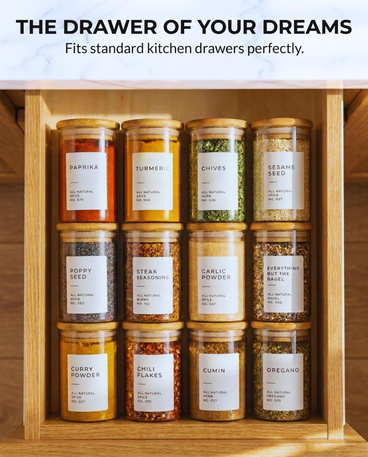 Bloomondo spice jars organized in a drawer, highlighting compact 6oz capacity.
