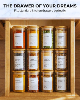 Bloomondo spice jars organized in a drawer, highlighting compact 6oz capacity.