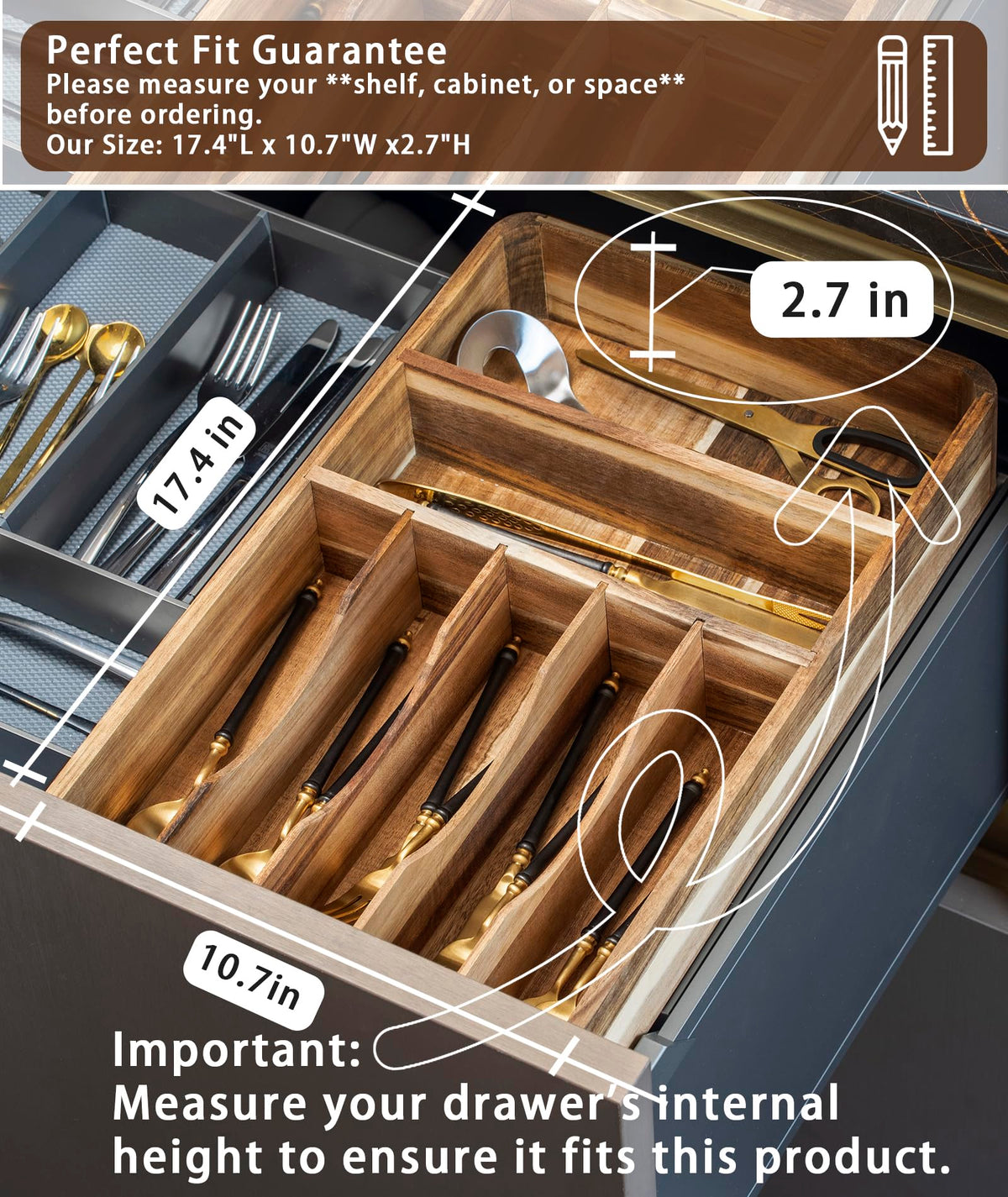 Blossome 7-compartment utensil holder keeps forks, knives, and spoons neatly separated.
