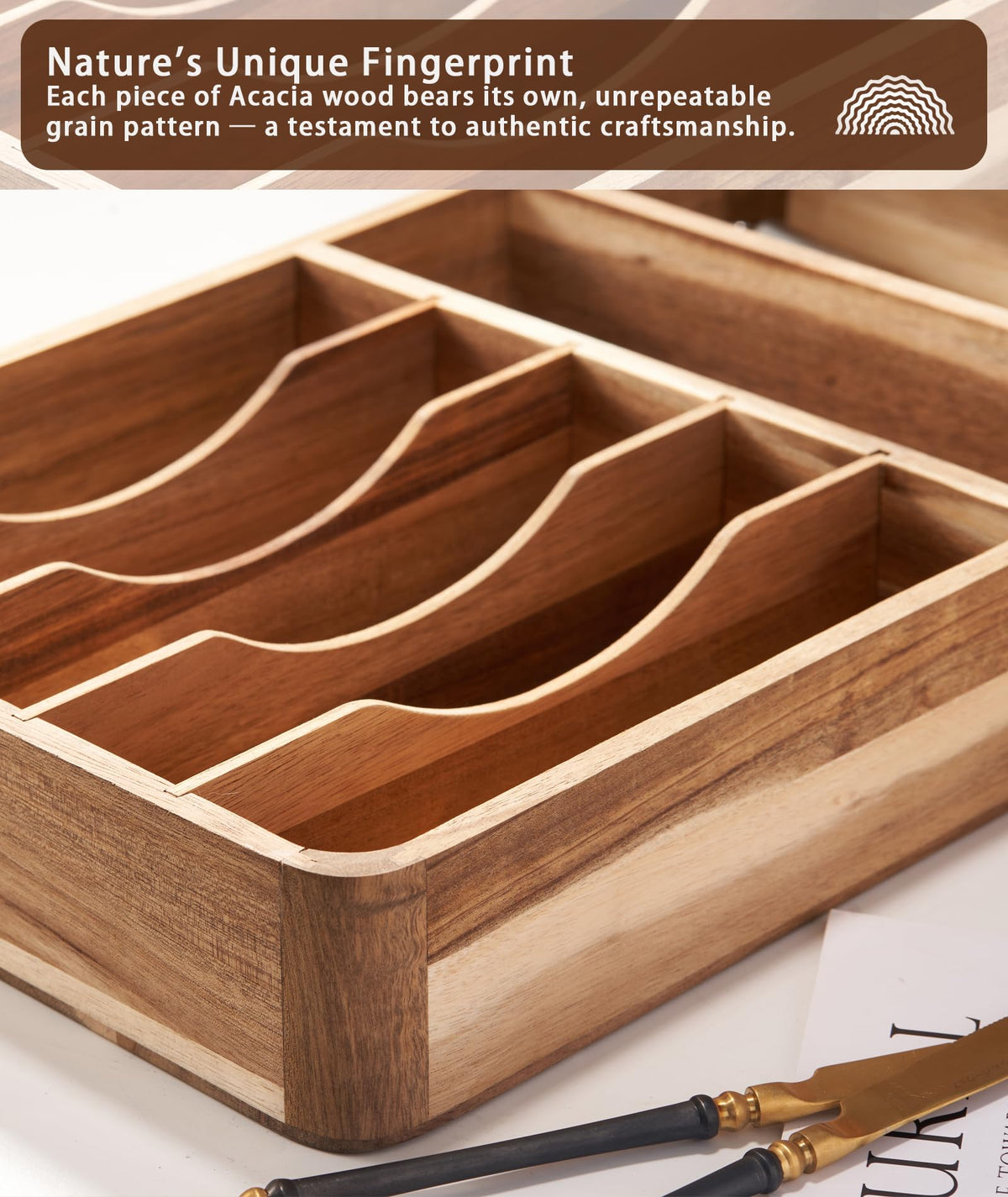 Blossome solid acacia wood drawer tray adds durable, natural warmth.