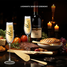 Bltnever includes two champagne flutes and a gold cake knife set.