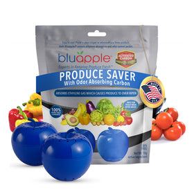 Bluapple activated-carbon freshness balls absorb ethylene to extend produce life.