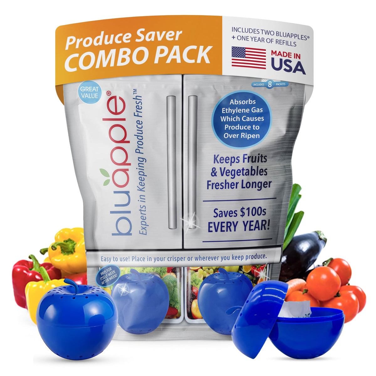 Bluapple combo pack box shows 2 Bluapples and 8 packets for year-long freshness.