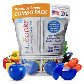 Bluapple combo pack box shows 2 Bluapples and 8 packets for year-long freshness.