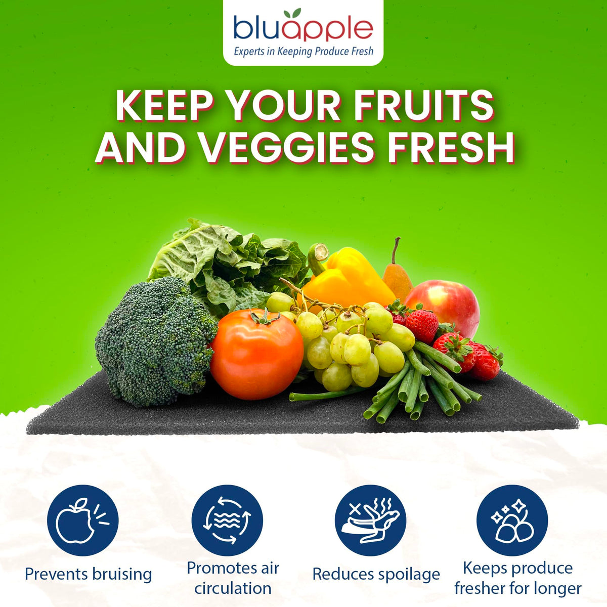 BluApple FreshMats crisper life extender liner helps protect delicate fruit from bruises.