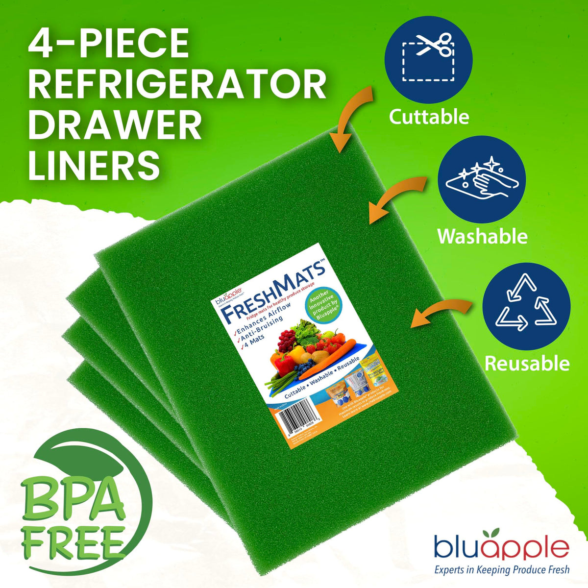 BluApple FreshMats cut-to-fit mats customize fit for any shelf.