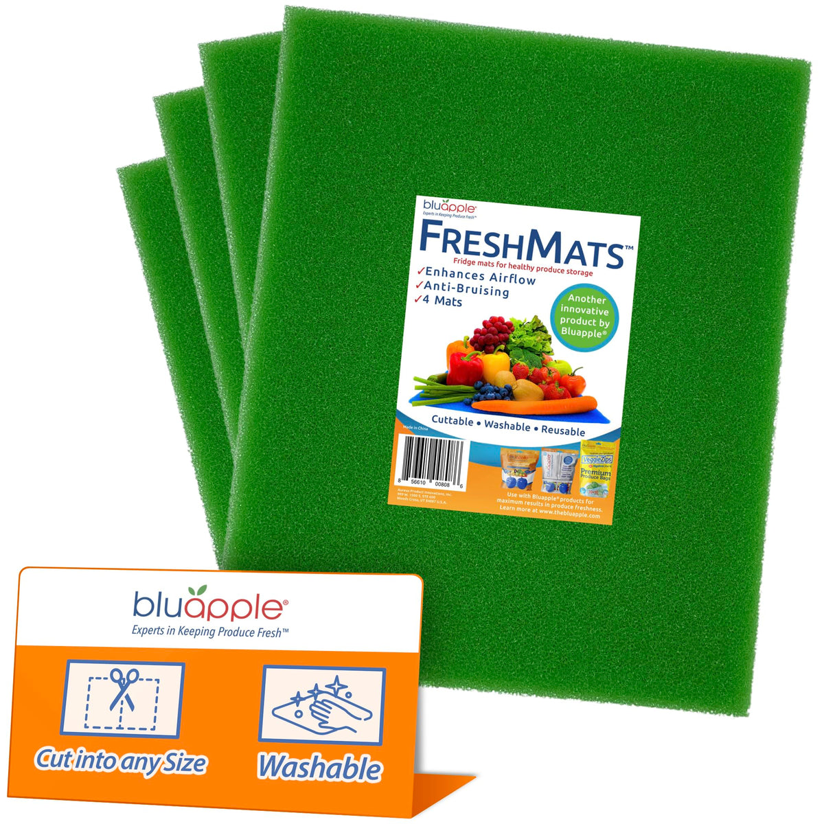 BluApple FreshMats fridge bin liner keeps produce organized and reduces bruising.