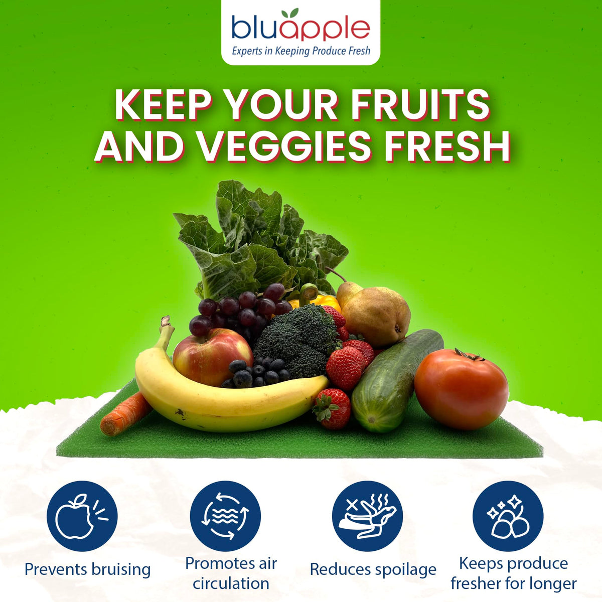 BluApple FreshMats fridge drawer mat enhances airflow on shelves for fresher produce.