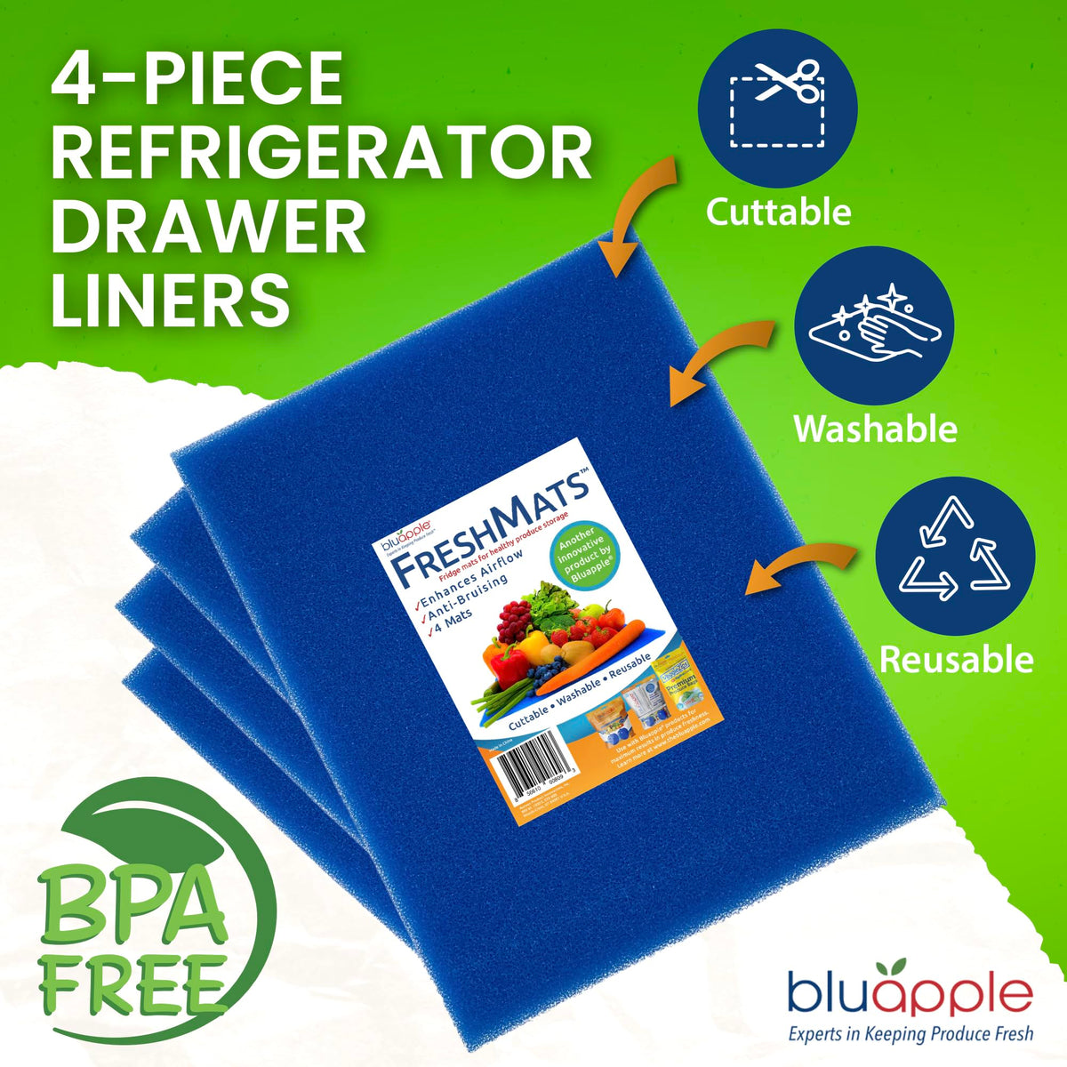 BluApple FreshMats produce care blue adds anti-bruising protection for delicate fruits and vegetables.