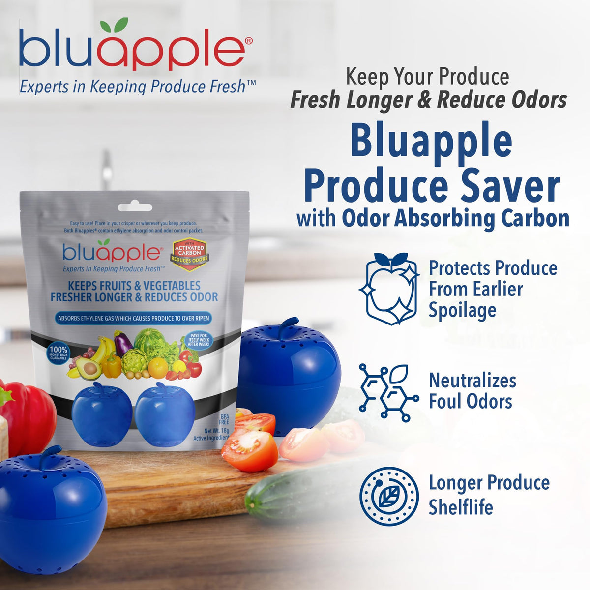 Bluapple placed in fridge crisper to help reduce odors and keep produce fresh.