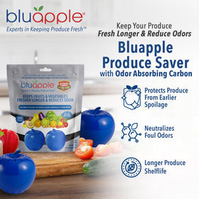 Bluapple placed in fridge crisper to help reduce odors and keep produce fresh.