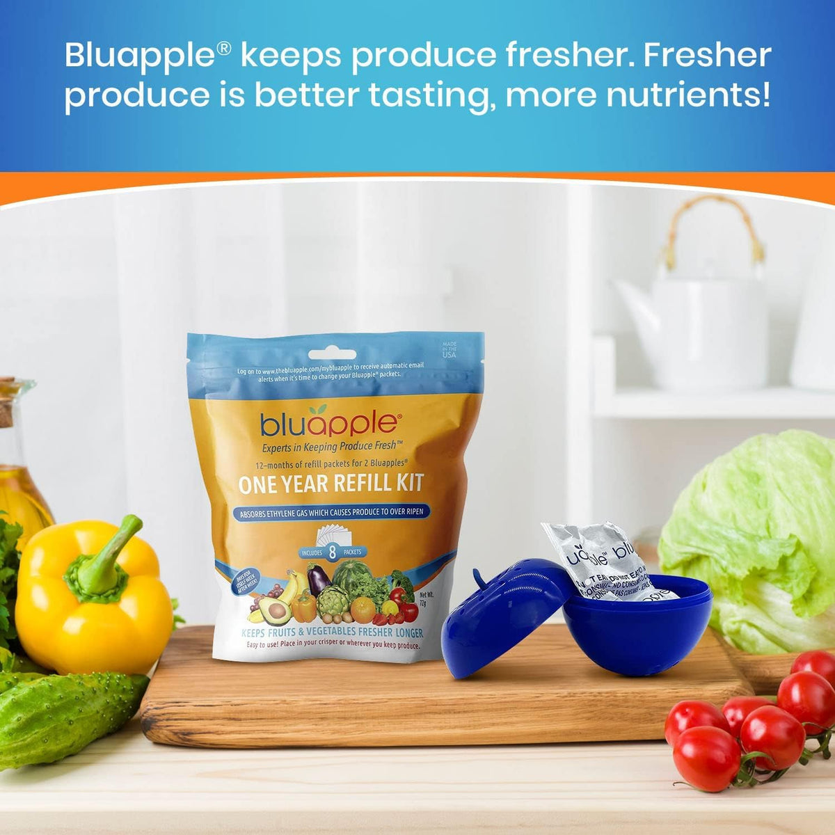 BluApple fridge storage setup shows organized produce with extended freshness