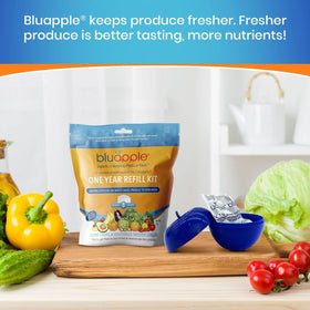 BluApple fridge storage setup shows organized produce with extended freshness
