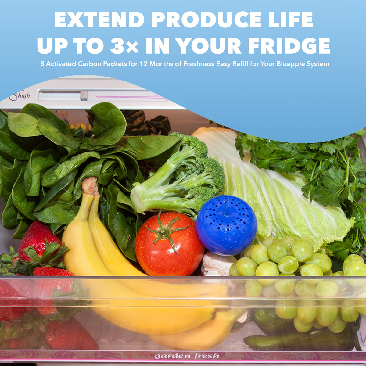Kitchen scene showing BluApple maintaining produce freshness