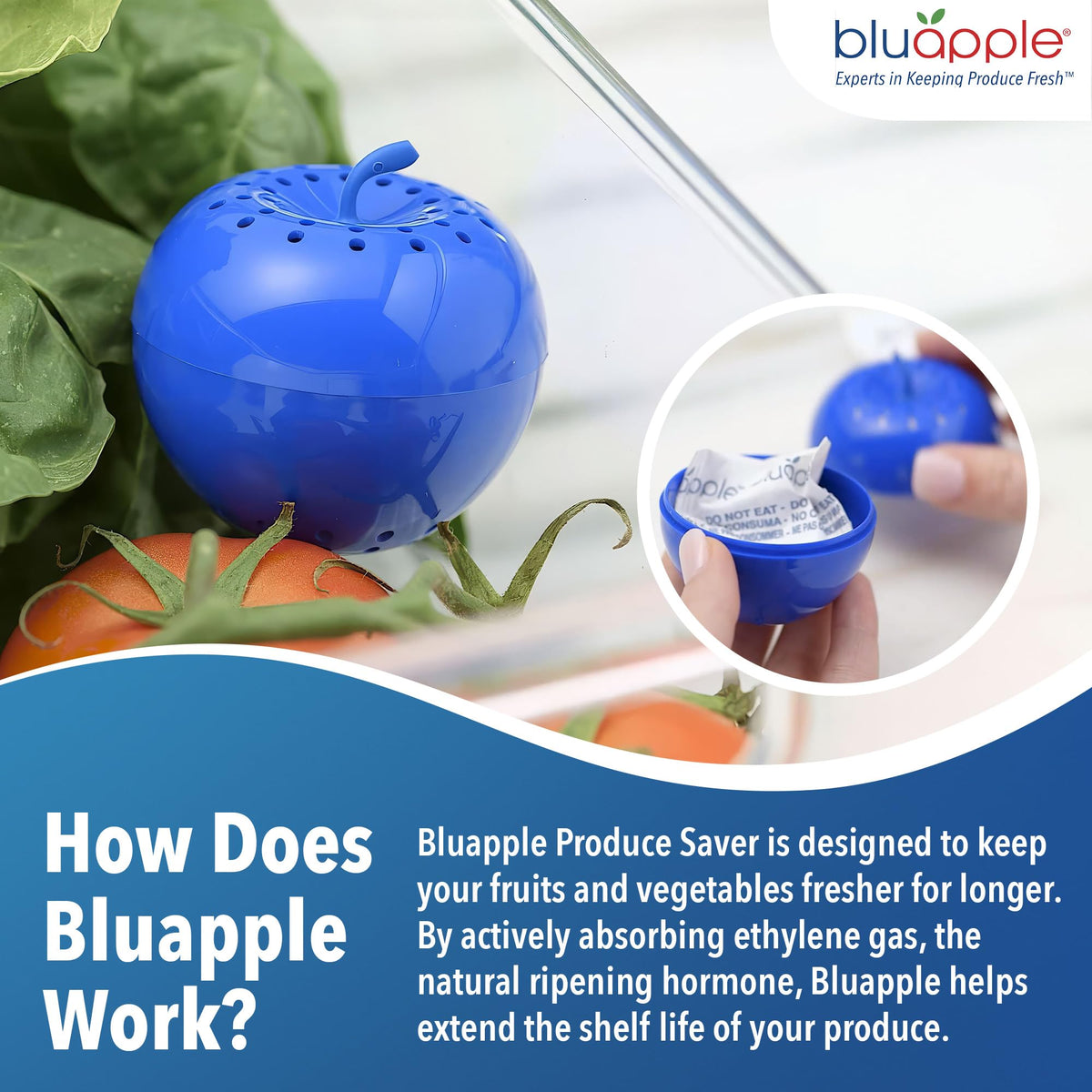Bluapple packets in fridge drawer keeping fruits crisper and fresher