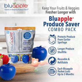 Sealed Bluapple ethylene-absorbing packet ready for fridge storage.