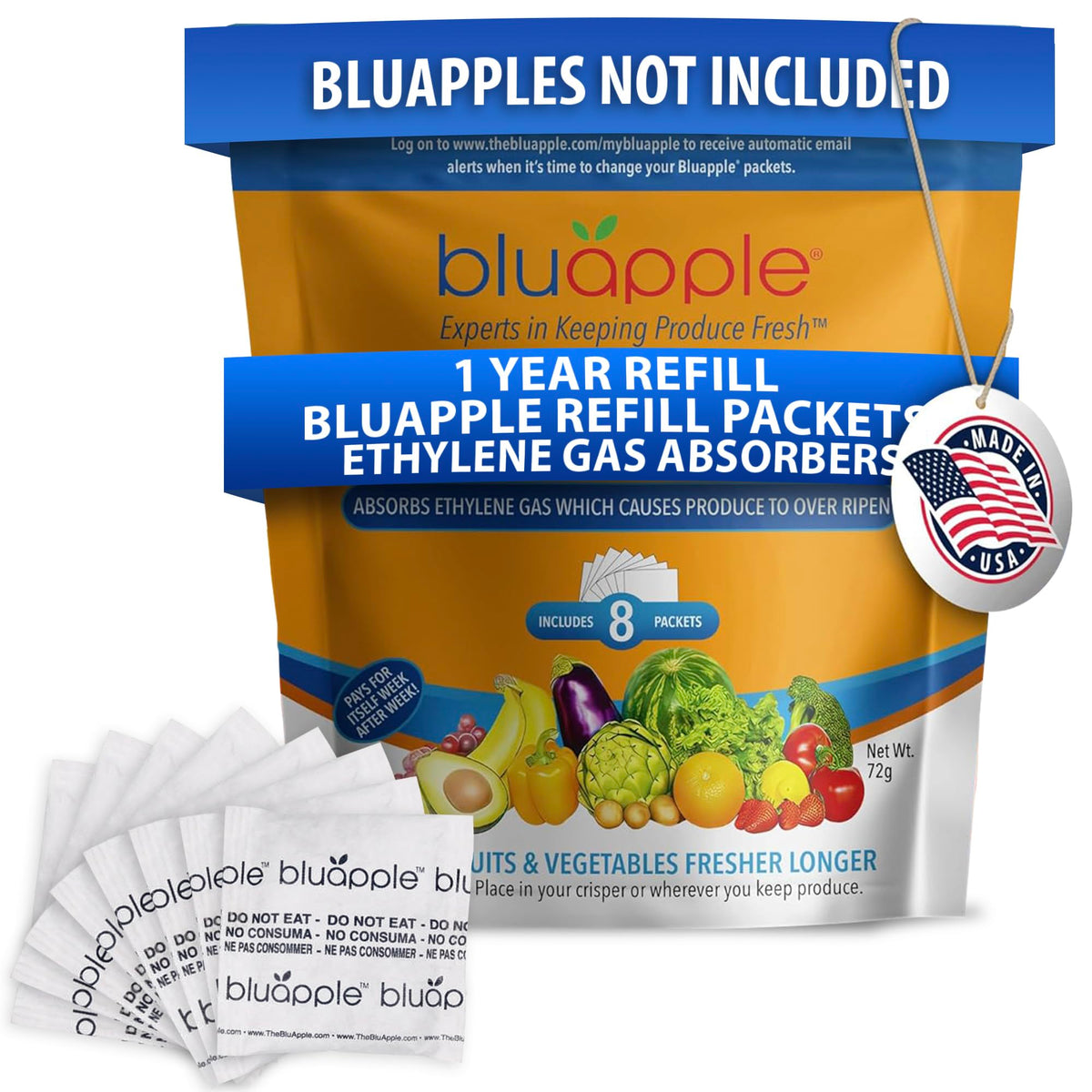 BluApple Produce Saver kit with eight packets keeps greens fresh longer