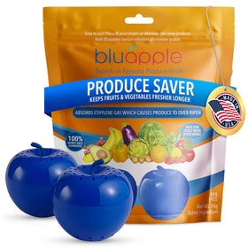 BluApple Produce Saver bottom with packet extends fridge freshness for fruits and vegetables.