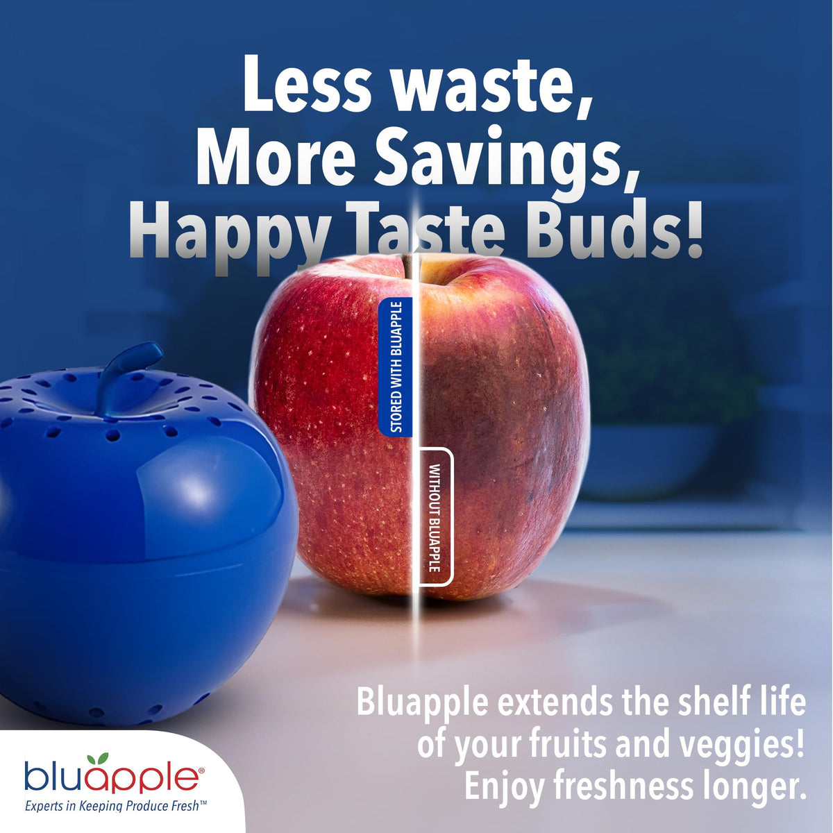 BluApple sits in fruit bowl keeping produce fresh on the kitchen counter.