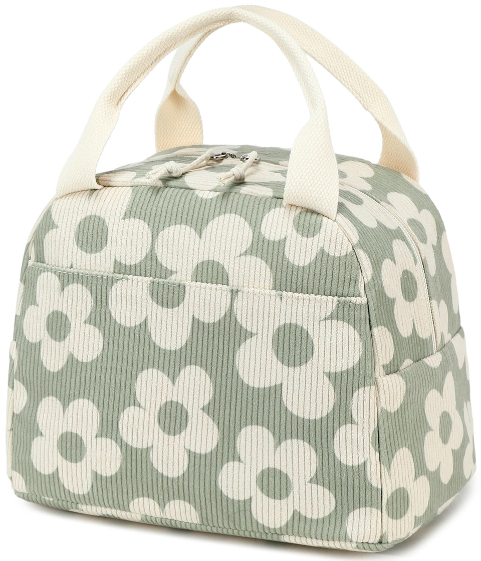 Bluboon corduroy lunch bag front view showcasing spacious insulated interior for meals.
