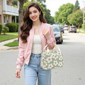 Bluboon corduroy lunch bag side view highlighting portable, lightweight design.