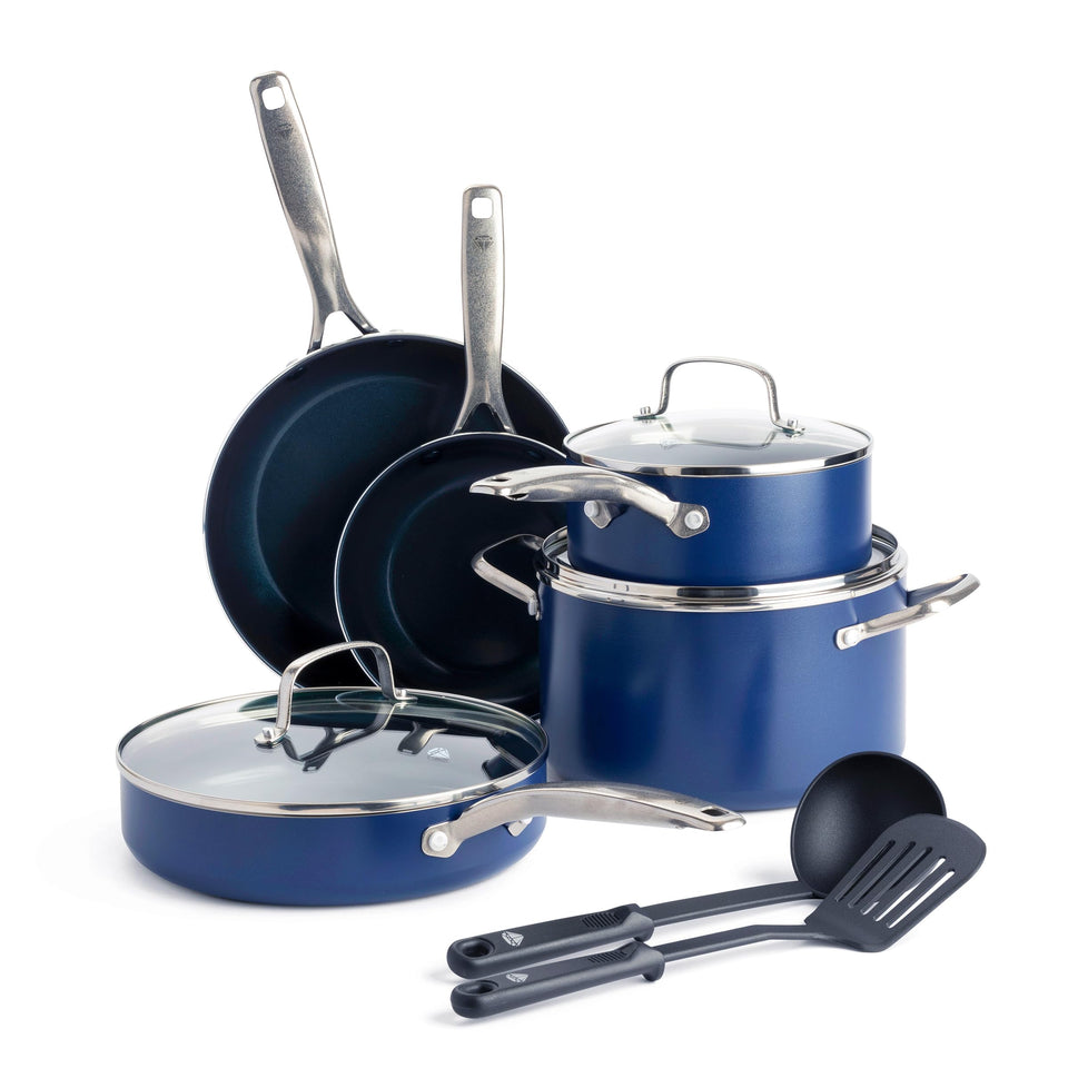 Blue Diamond 10-piece cookware set shown on stovetop for versatile everyday nonstick performance.