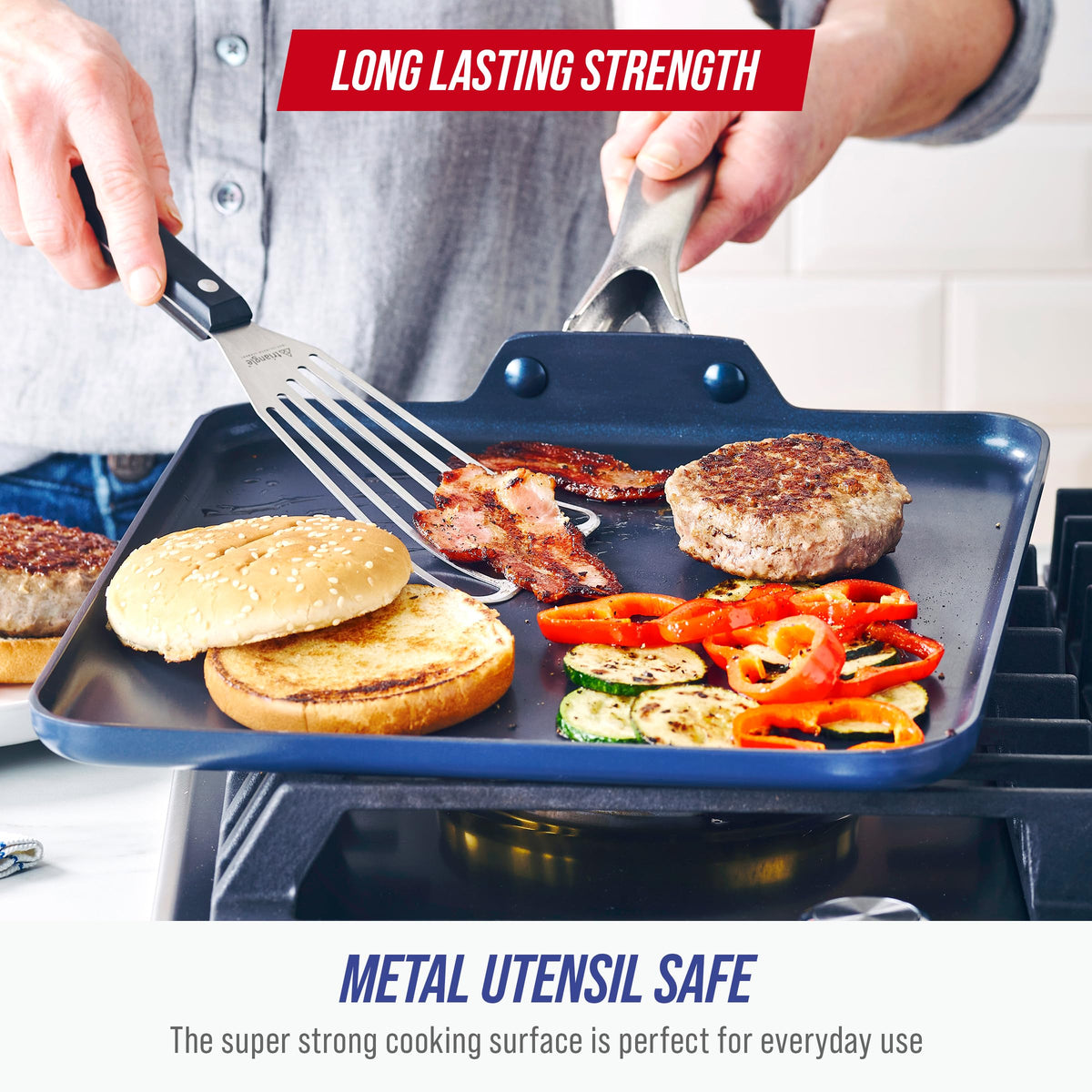 Blue Diamond griddle surface shows ample cooking area for pancakes and eggs