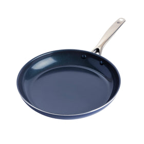 Blue Diamond 12-inch frying pan top view highlights diamond-infused coating for smooth food release.
