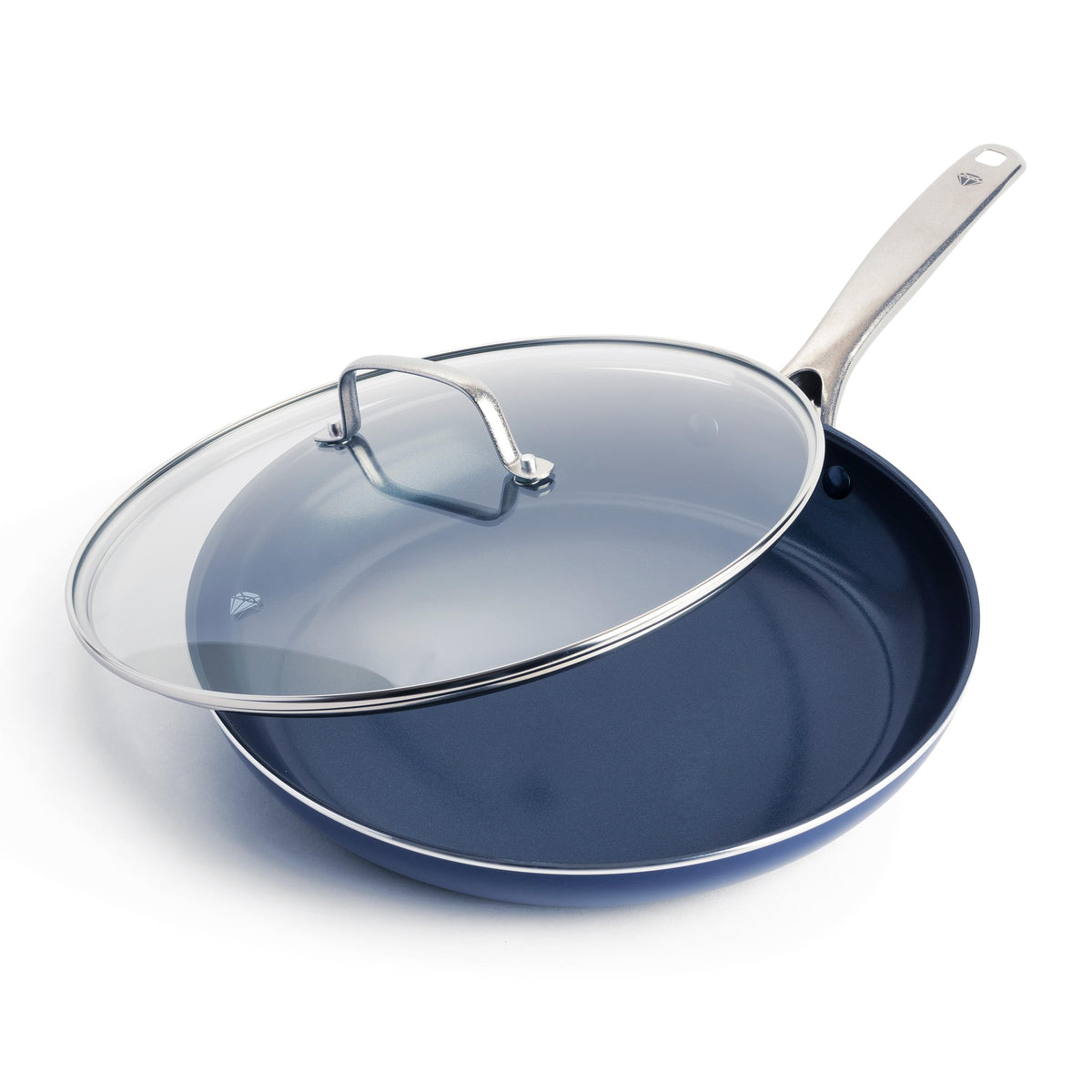 Blue Diamond 12-inch pan with diamond infused coating delivers lasting nonstick performance.