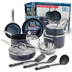 Blue Diamond 14-piece cookware box shows durable packaging and long-lasting nonstick potential.