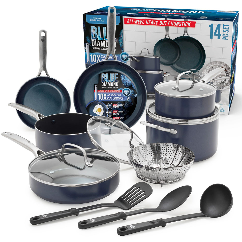 Blue Diamond 14-piece cookware box shows durable packaging and long-lasting nonstick potential.