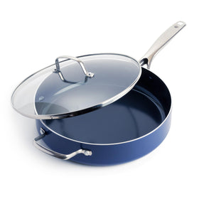 Blue Diamond 5QT saute pan with glass lid offers a clear view for monitoring sauces.