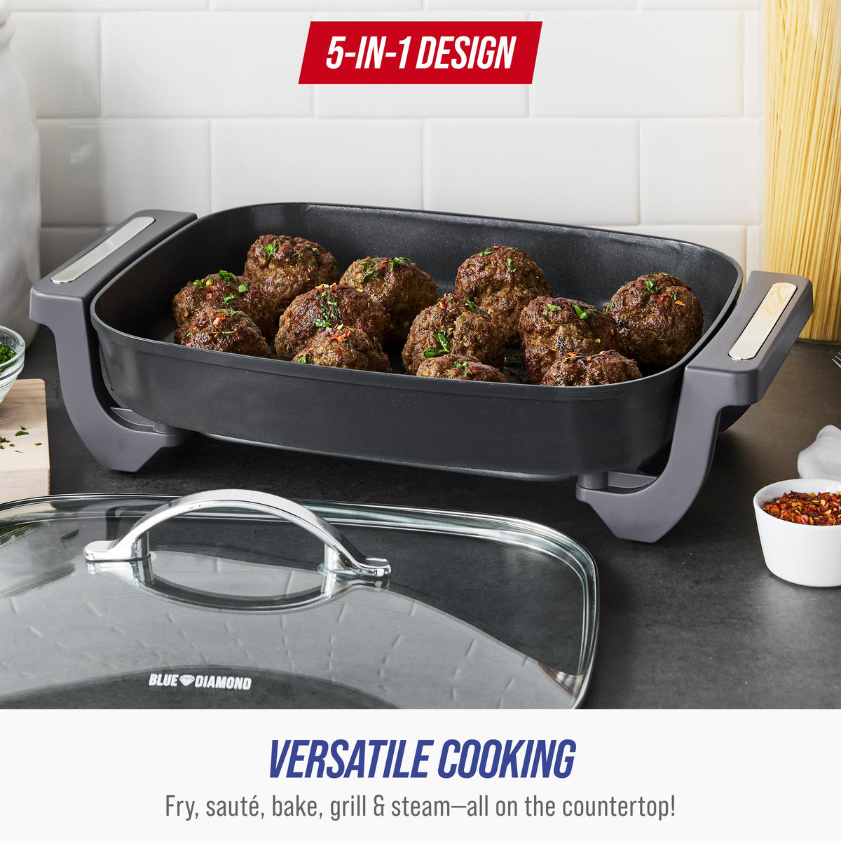 Blue Diamond stay-cool handles for safe transport from stove to table