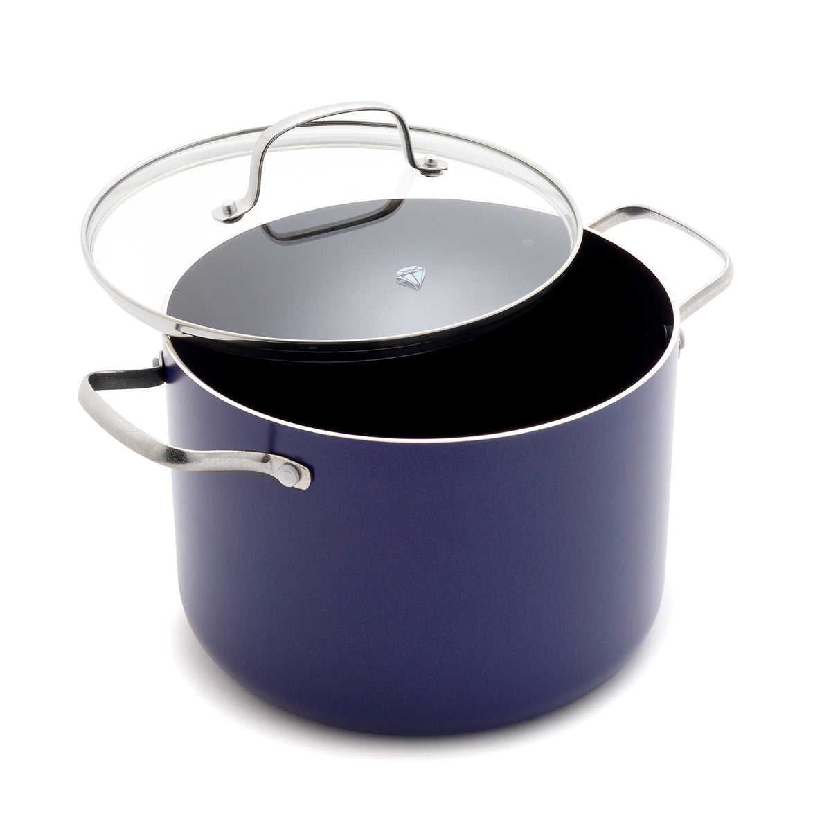 Blue Diamond 8QT stockpot with glass lid for clear cooking view.