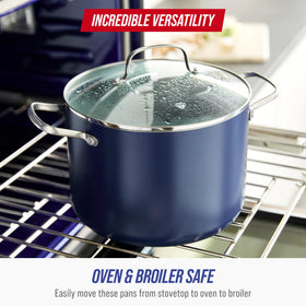 Blue Diamond stockpot handles stay cool for safe lifting.
