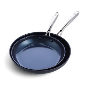 Blue Diamond Hard Anodized ceramic nonstick set on stove for even heat and easy searing
